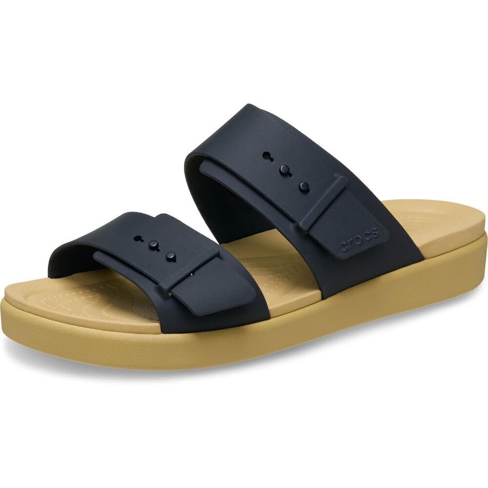 Womens Slide Sandal Black/Tan Cushioned Wedge Heel Classic Comfort Slip On Shoes